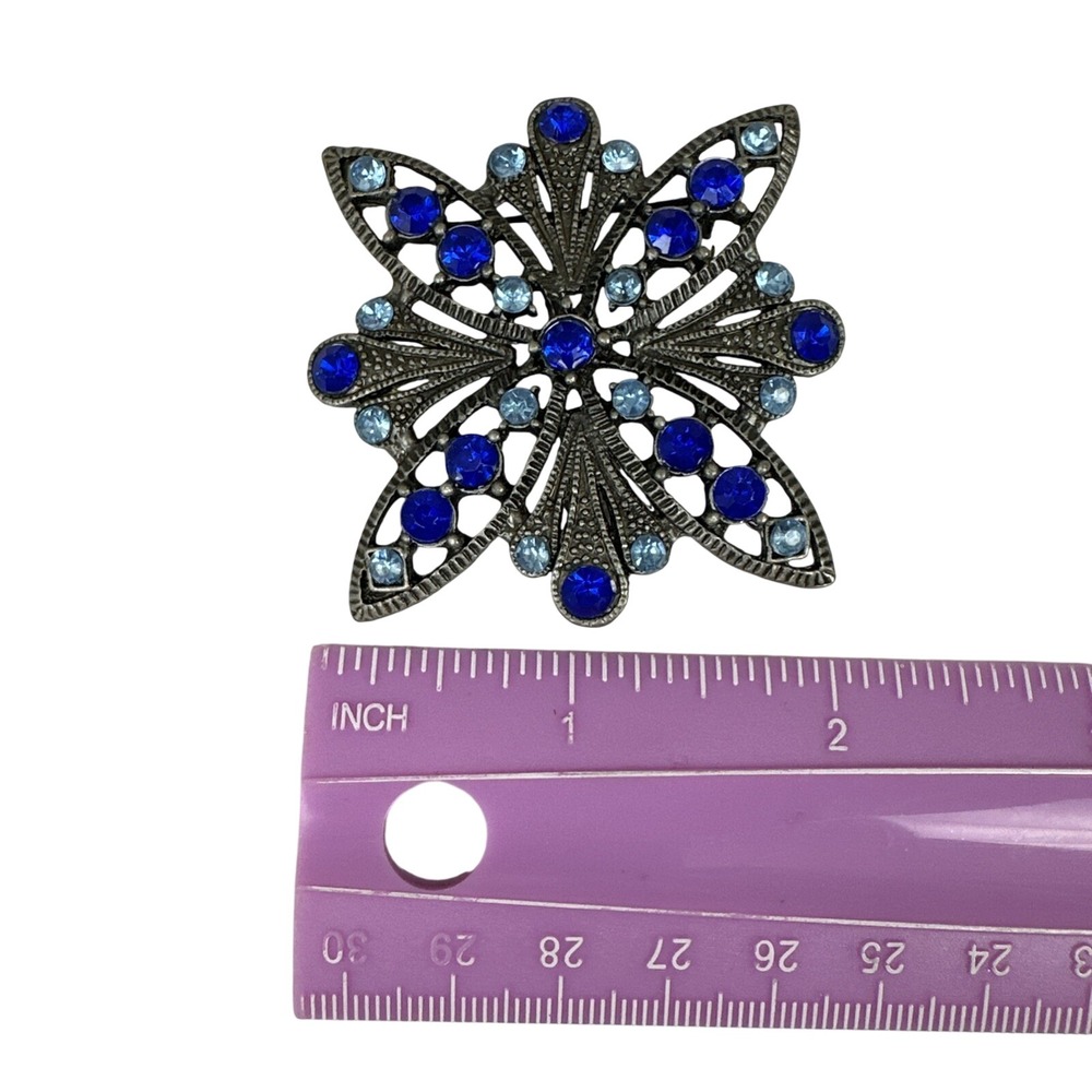 Vintage Blue Rhinestone Floral Brooch Silver Tone Starburst Pin - Picture 4 of 4